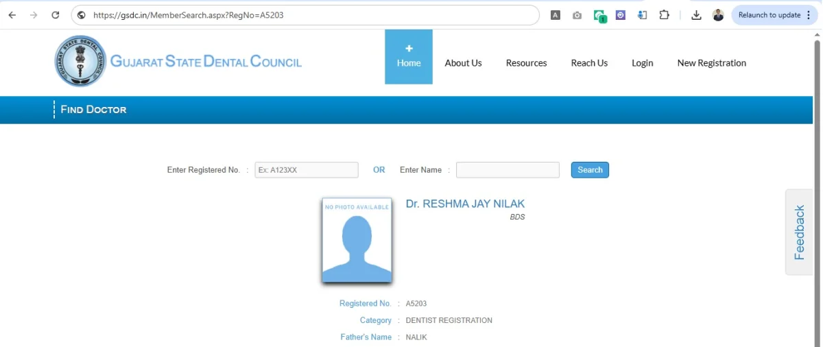 State Dental Council registration record for Dr. Reshma J. Nilak, Registration No. A-5203, Gujarat State Dental Council